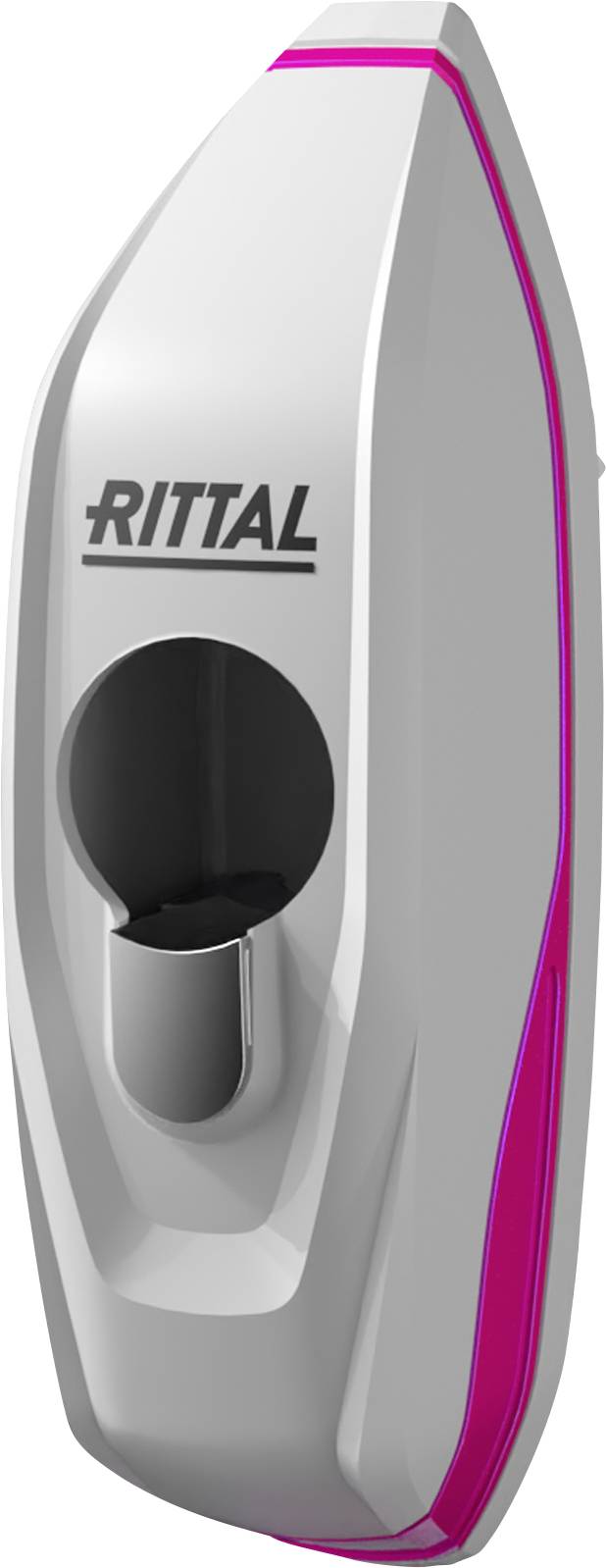 Weißes Gerät mit Aufschrift 'RITTAL', stilvolles Design mit rosa Streifen, scheinbar für technischen oder elektronischen Gebrauch.