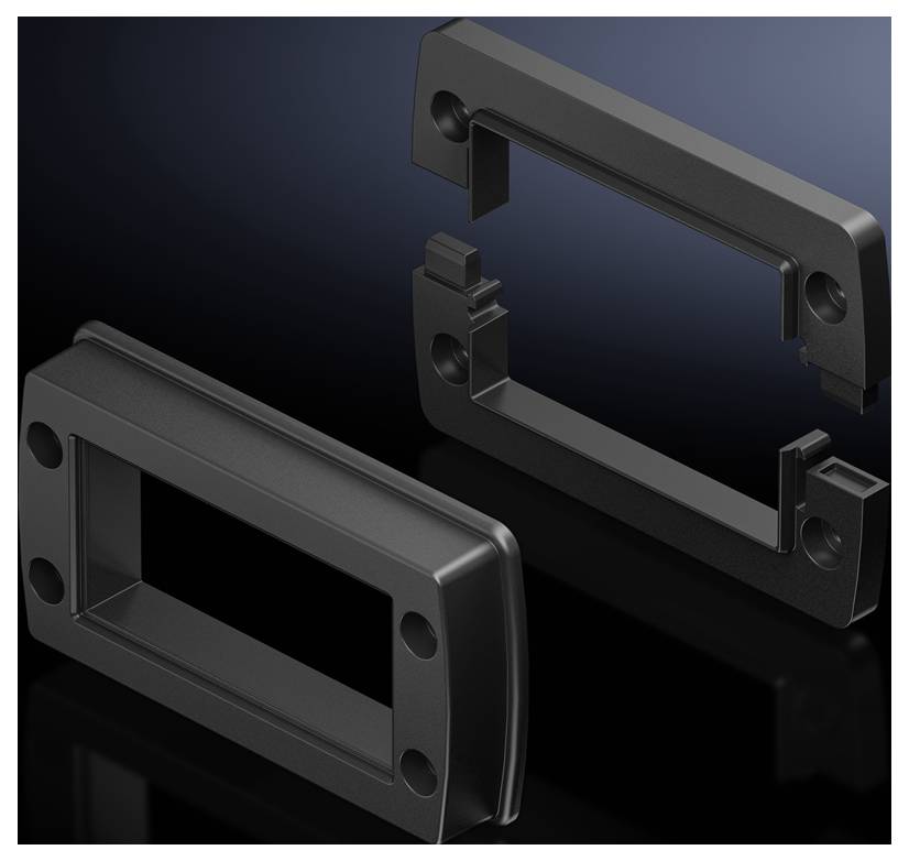 Zwei schwarze rechteckige Kunststoffrahmen vor einem dunklen Hintergrund. Einer liegt flach, der andere steht aufrecht.