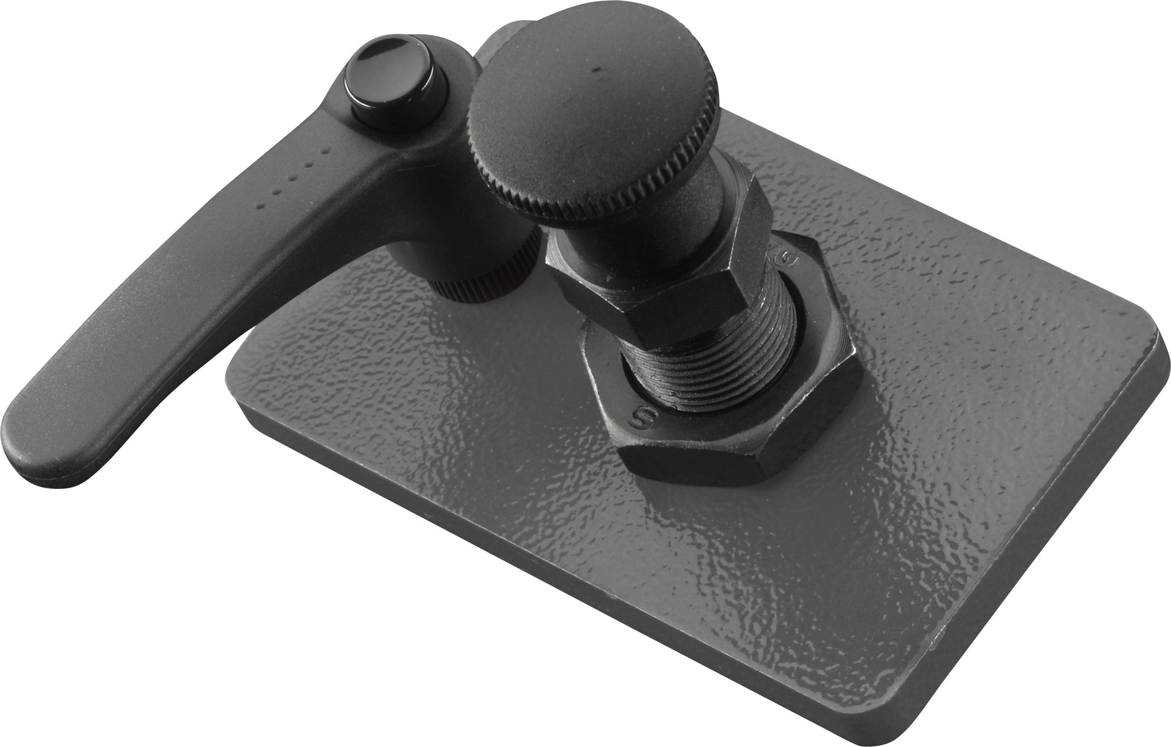 Metallische Schraubklemme mit Hebel auf rechteckiger Basis zur Befestigung von Materialien.