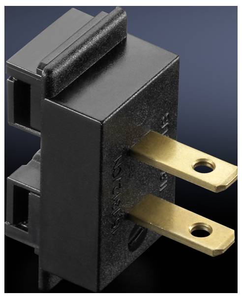 Schwarzer elektrischer Stecker mit zwei goldenen Stiften, seitliche Ansicht, vor einem dunklen Hintergrund.