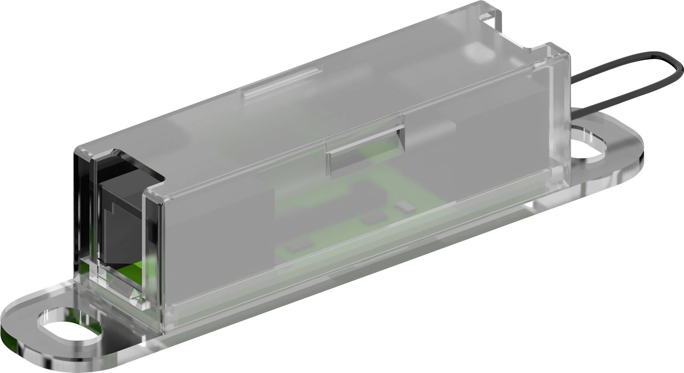 Transparentes elektronisches Gerät mit rechteckiger Form und zwei Befestigungslöchern an den Enden; innenliegende Schaltkreise sichtbar.
