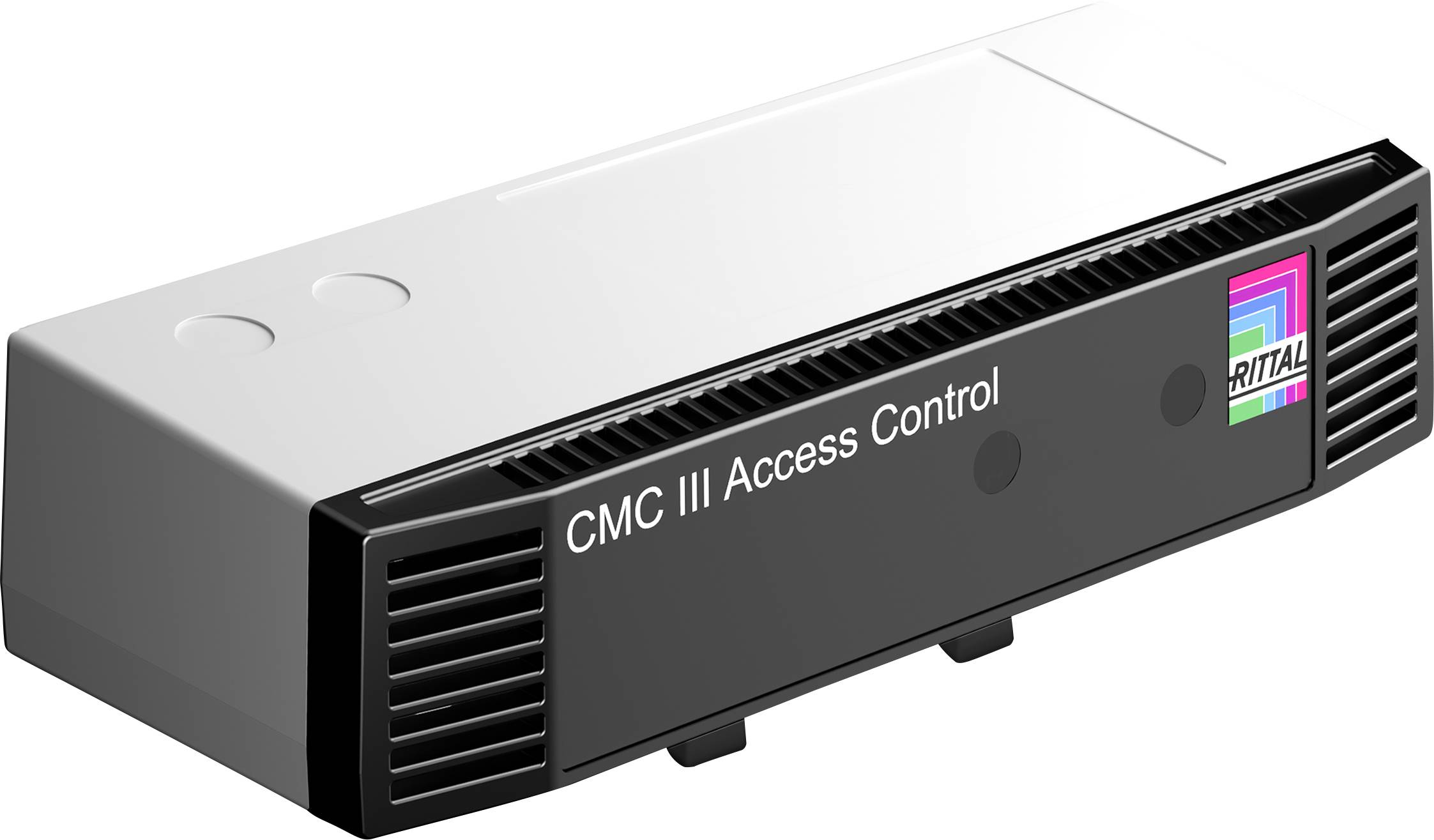 Ein rechteckiges Gerät mit der Aufschrift 'CMC III Access Control' und dem Rittal-Logo auf der Vorderseite, dient zur Zugangskontrolle.