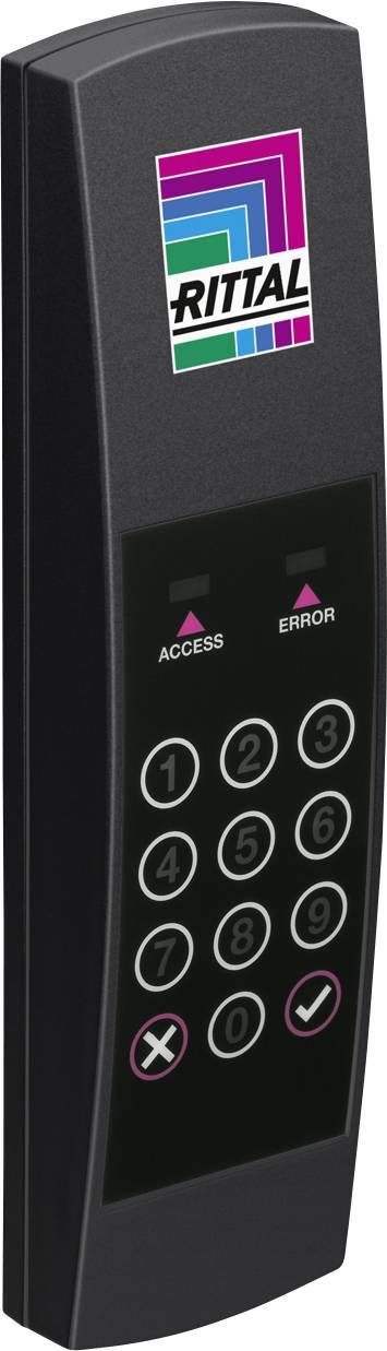Ein schwarzes Zugangskontrollgerät mit einer Nummerntastatur und den Anzeigen 'Access' und 'Error'. Oben ist das Logo von Rittal.