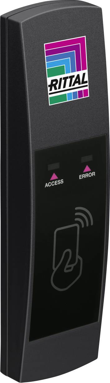 Ein schwarzer RFID-Leser mit zwei Anzeigelichtern: 'Access' und 'Error'. Oben ist ein buntes Logo. Geeignet für Zugangskontrolle.