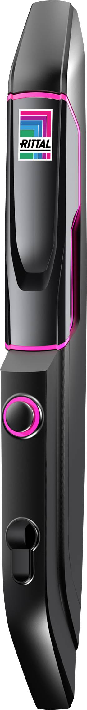 Ein elektrischer Haarschneider mit schwarzem Gehäuse, pinken Akzenten und dem Logo der Marke auf der Oberseite.