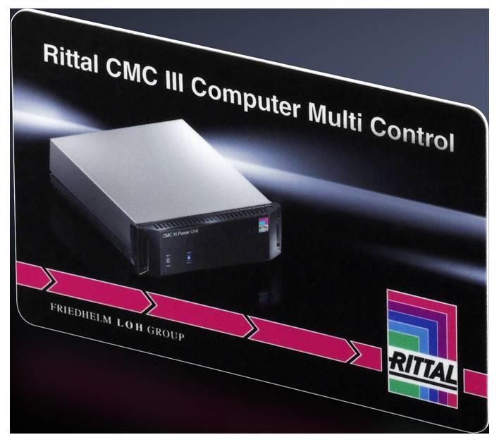 Das Bild zeigt ein schwarzes Gerät mit der Aufschrift 'CMC III Power Unit' und dem Logo der Rittal und der Friedhelm Loh Group.