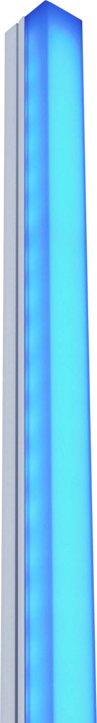 Ein blau leuchtendes, vertikal stehendes Lichtrohr in einem modernen Design.