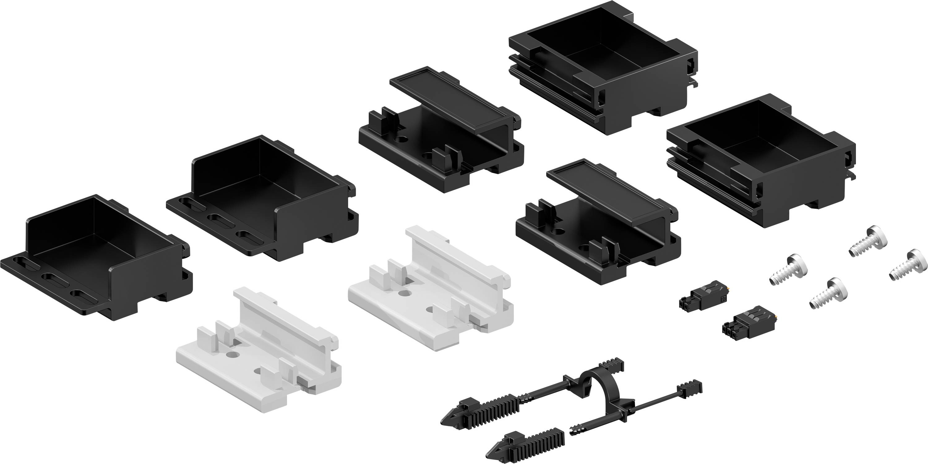 Kunststoff-Gehäuseteile in Schwarz und Grau, Schrauben und kleine Zubehörteile, die für die Montage eines elektronischen Geräts vorgesehen sind.