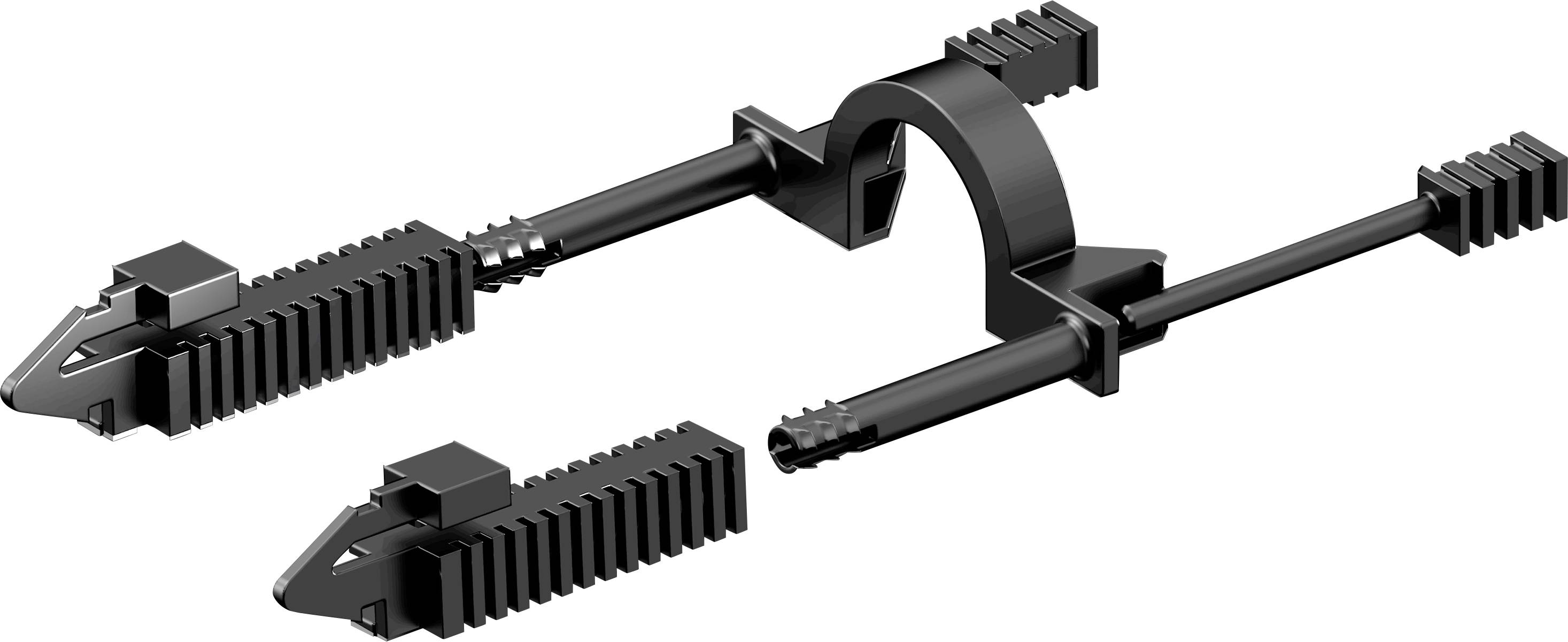 Schwarze Plastikhalterung, bestehend aus zwei gezahnten Armen und einer gebogenen Halterungsbasis. Verwendet zur Befestigung von Kabeln.