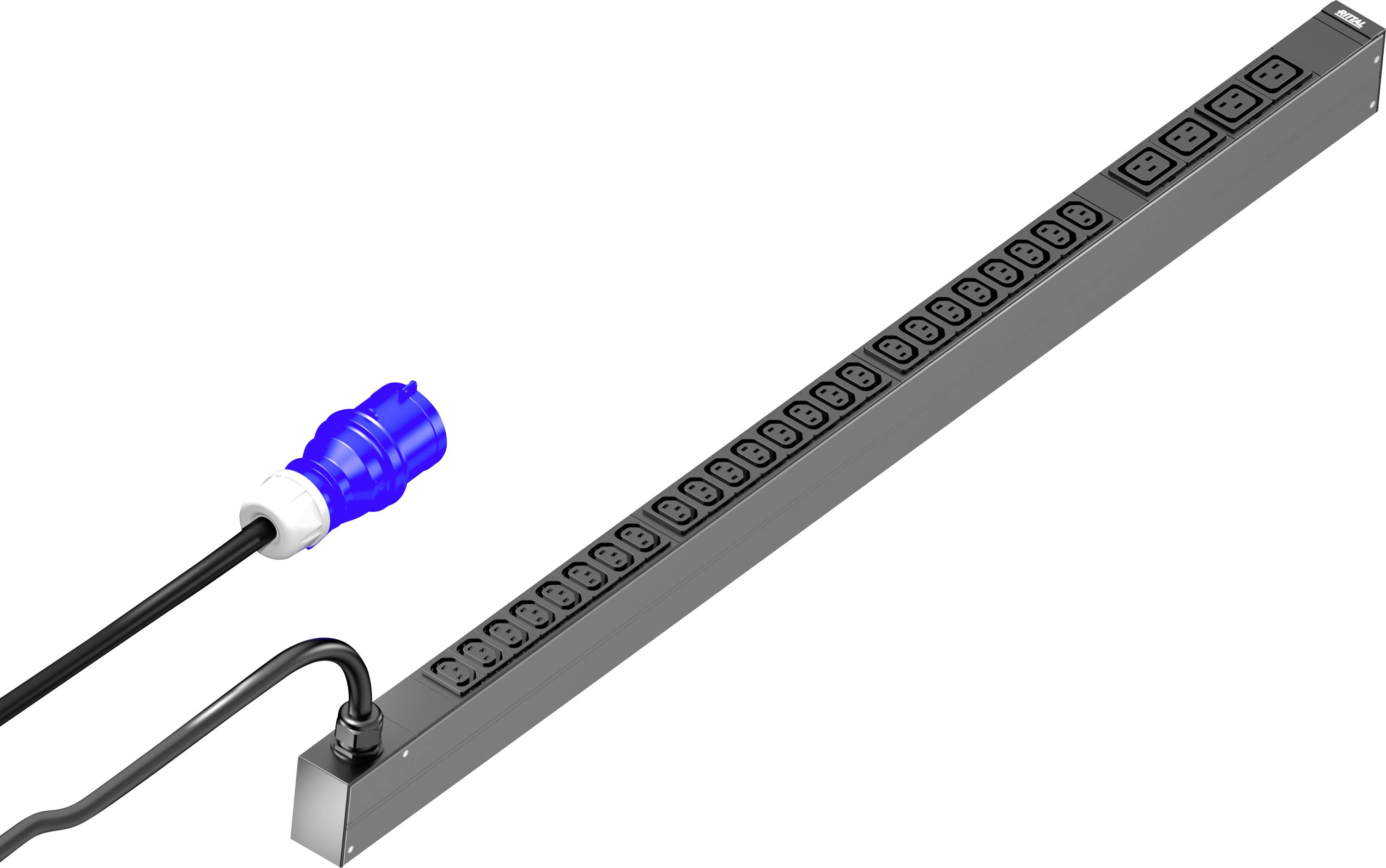 Eine lange Steckdosenleiste mit mehreren Steckplätzen und blauem Stecker, geeignet für industrielle oder gewerbliche Anwendungen.