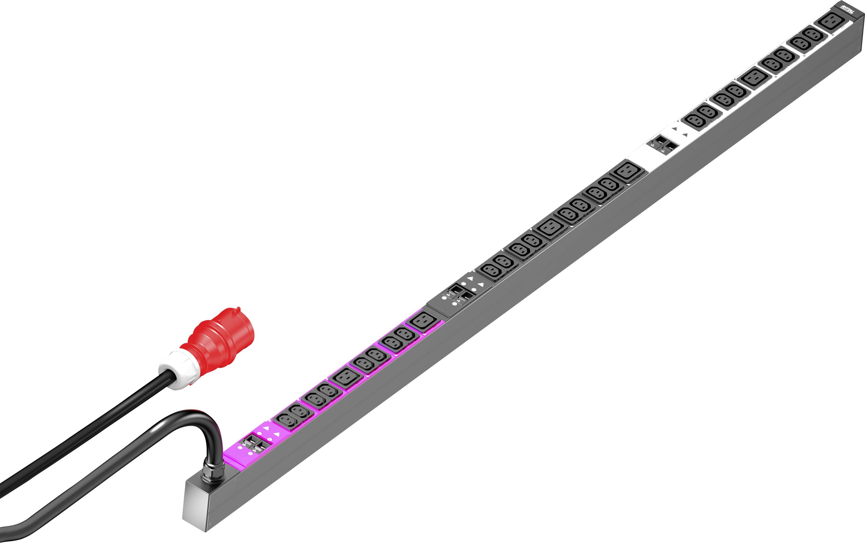 Ein langer, rechteckiger Stromverteiler mit mehreren Steckdosen, einem roten Stecker und angeschlossenen Kabeln.
