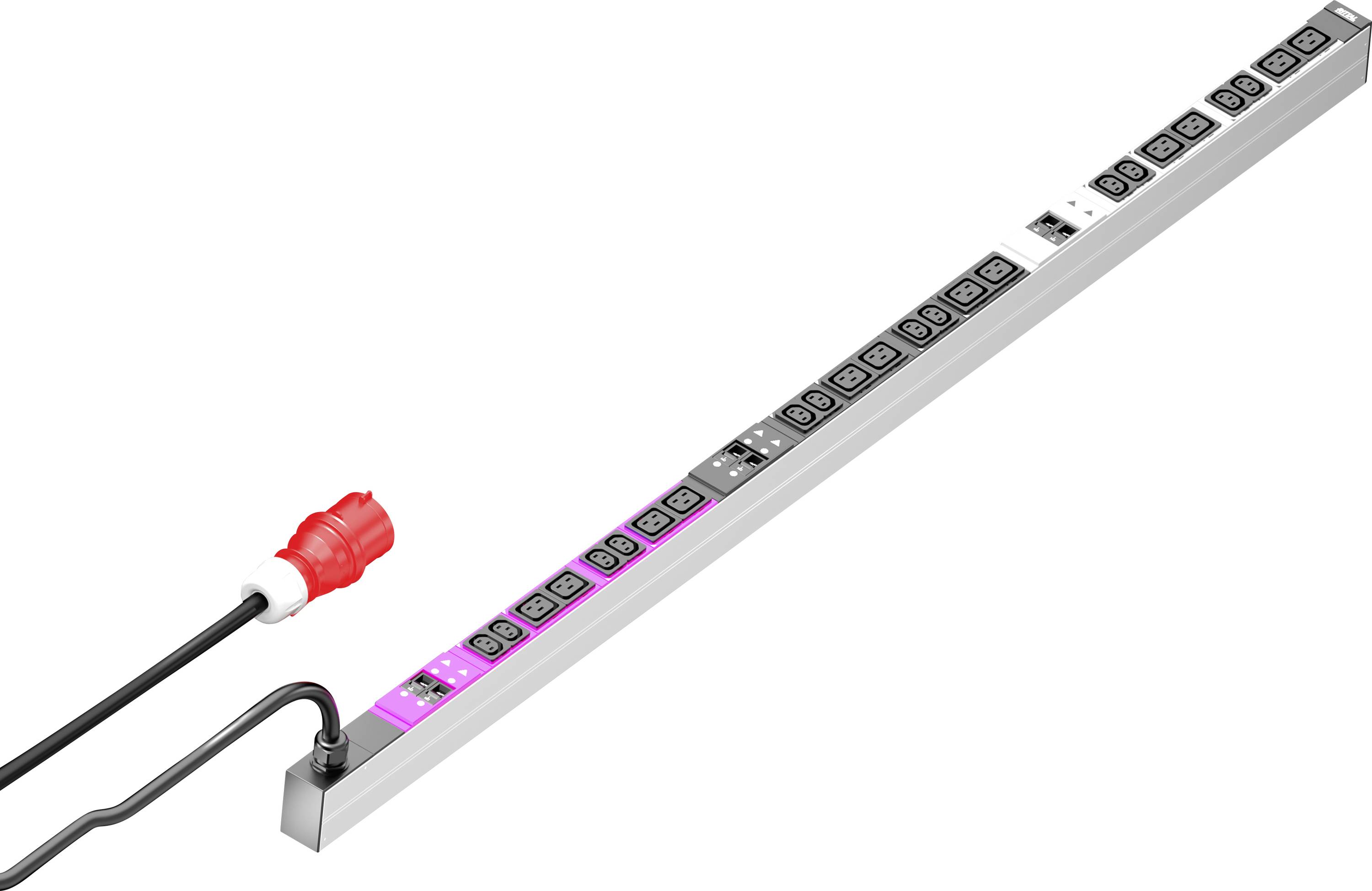 Eine Mehrfachsteckdosenleiste mit mehreren internationalen Steckdosen und einem roten Stromkabelstecker.