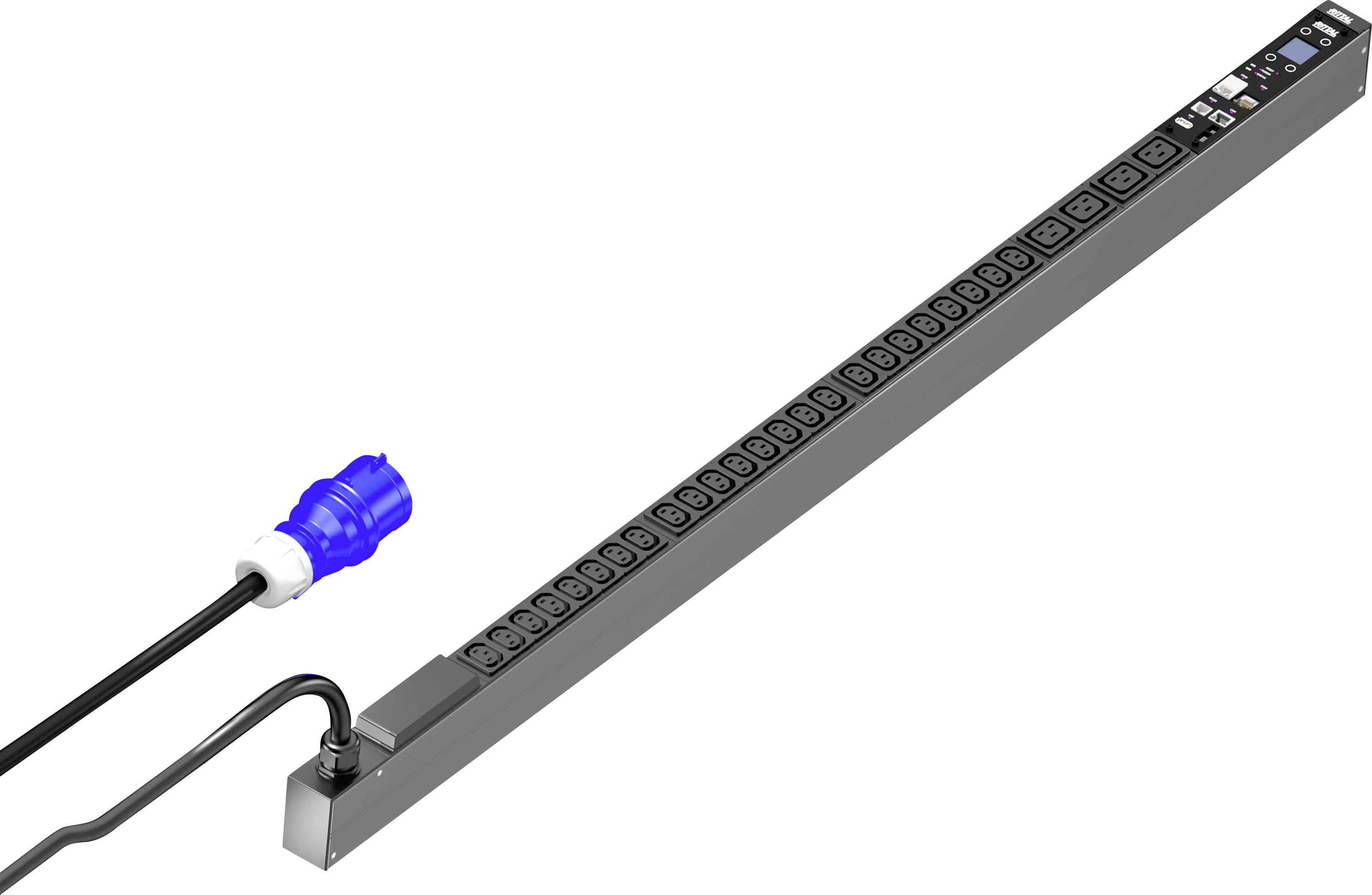 Eine schwarze Steckdosenleiste mit vielen Anschlüssen und einem blauen Stecker an einem Ende. Geeignet für Serverräume oder IT-Einrichtungen.