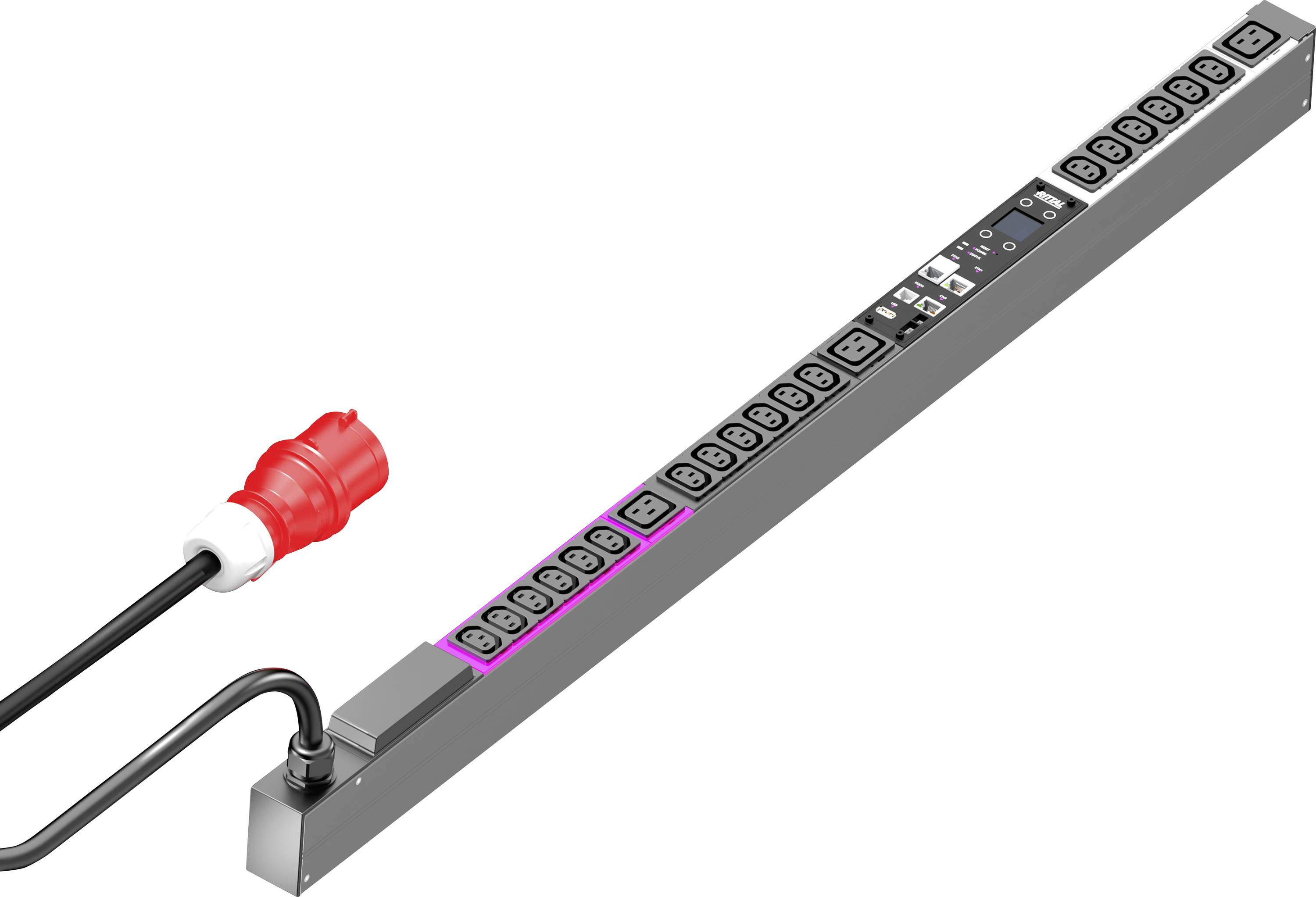 Eine lange, graue Stromleiste mit mehreren schwarzen Steckdosen und einem roten Stecker links.