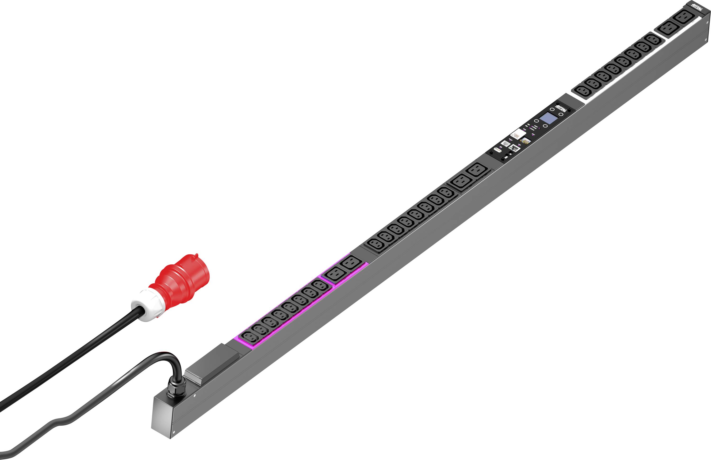 Stromschiene mit mehreren Steckdosen. Schwarzes Kabel mit rotem Stecker auf der linken Seite. Geeignet für Elektrogeräte.