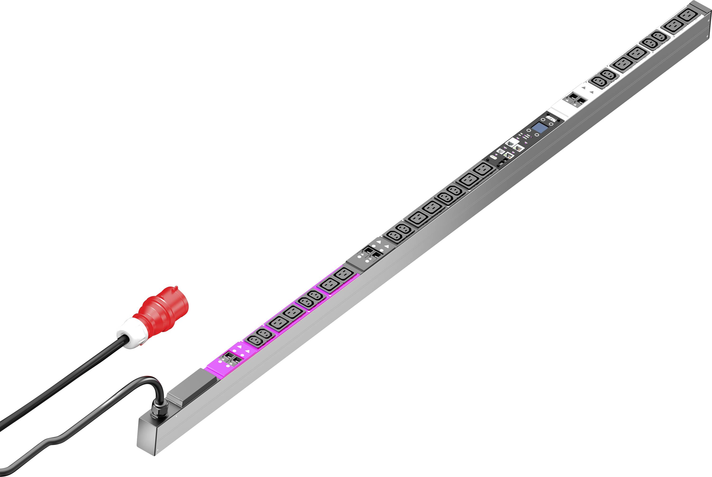 Steckdosenleiste mit mehreren Steckplätzen und einem roten Stecker. Einige Steckplätze sind hervorgehoben.