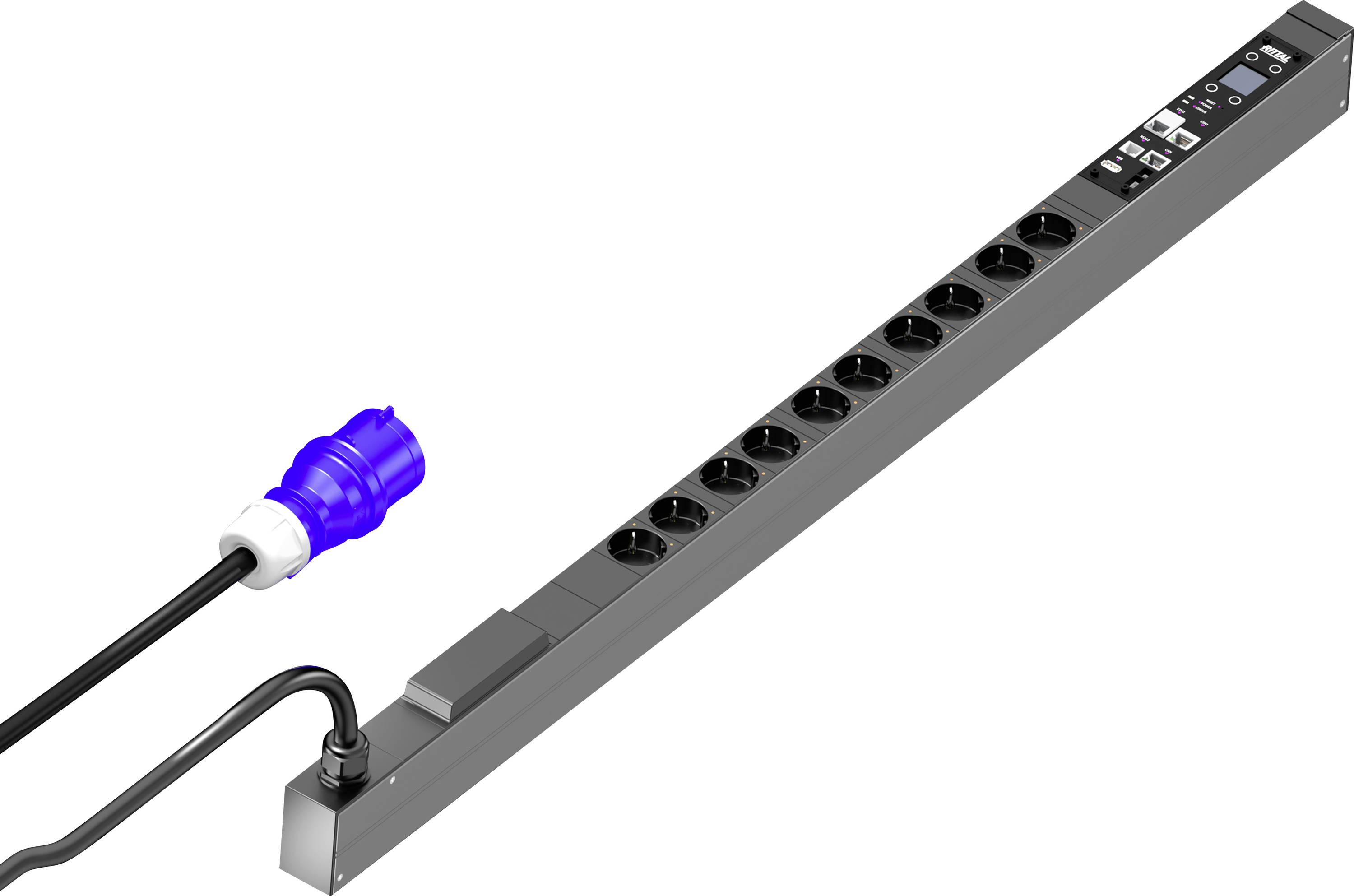 Schwarze Steckdosenleiste mit neun Steckplätzen und blauem Stecker, ideal für Serverräume oder Arbeitsplätze mit hohem Strombedarf.