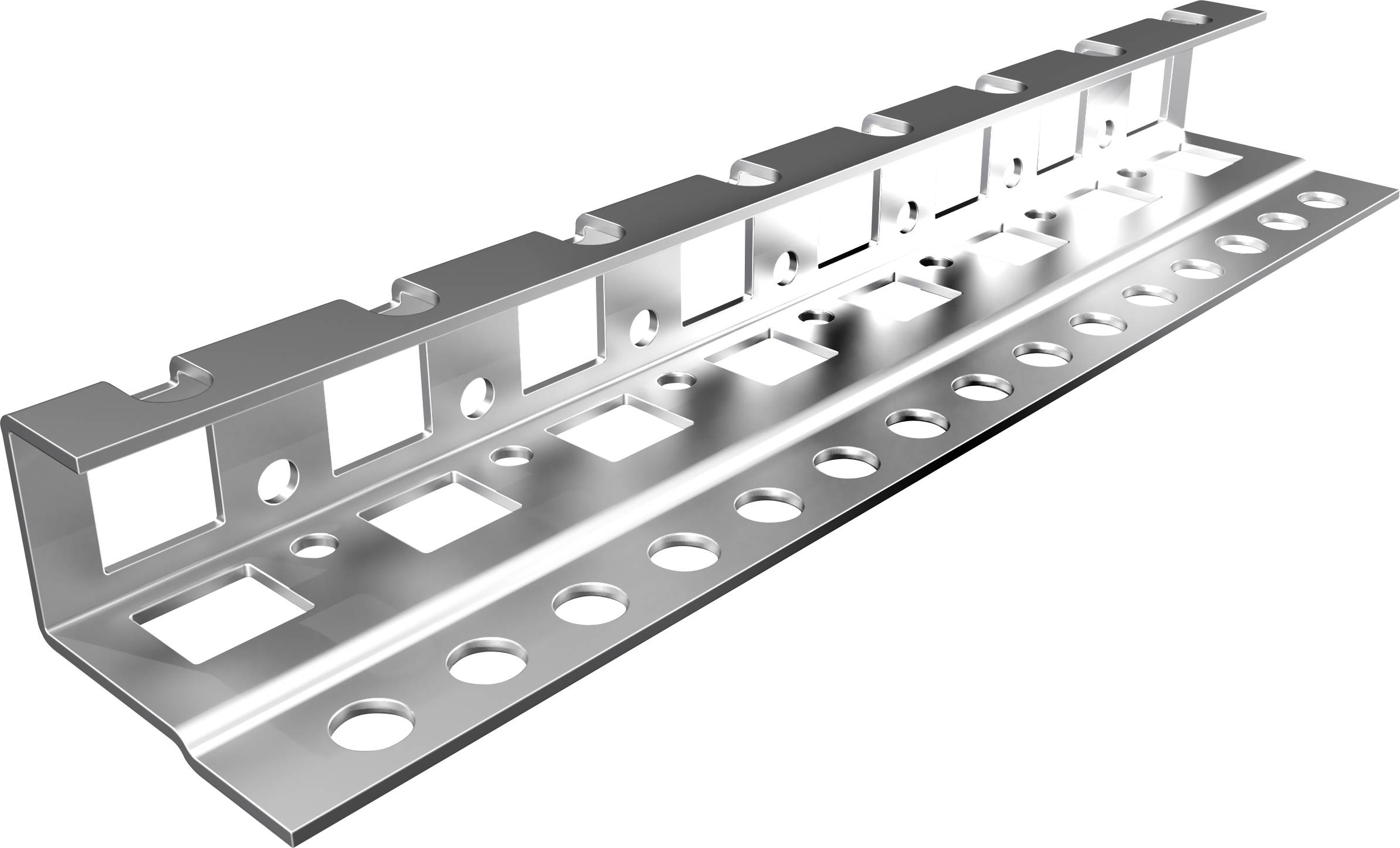 Ein silbernes Metallprofil mit abwechselnden quadratischen und runden Aussparungen, vermutlich für Bau- oder Montagezwecke.