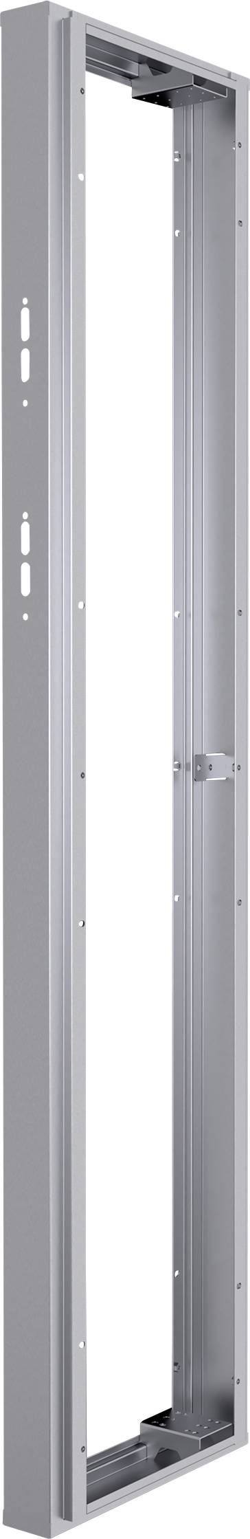 Metallischer Türrahmen aus silberfarbenem Material, vertikale Ansicht.