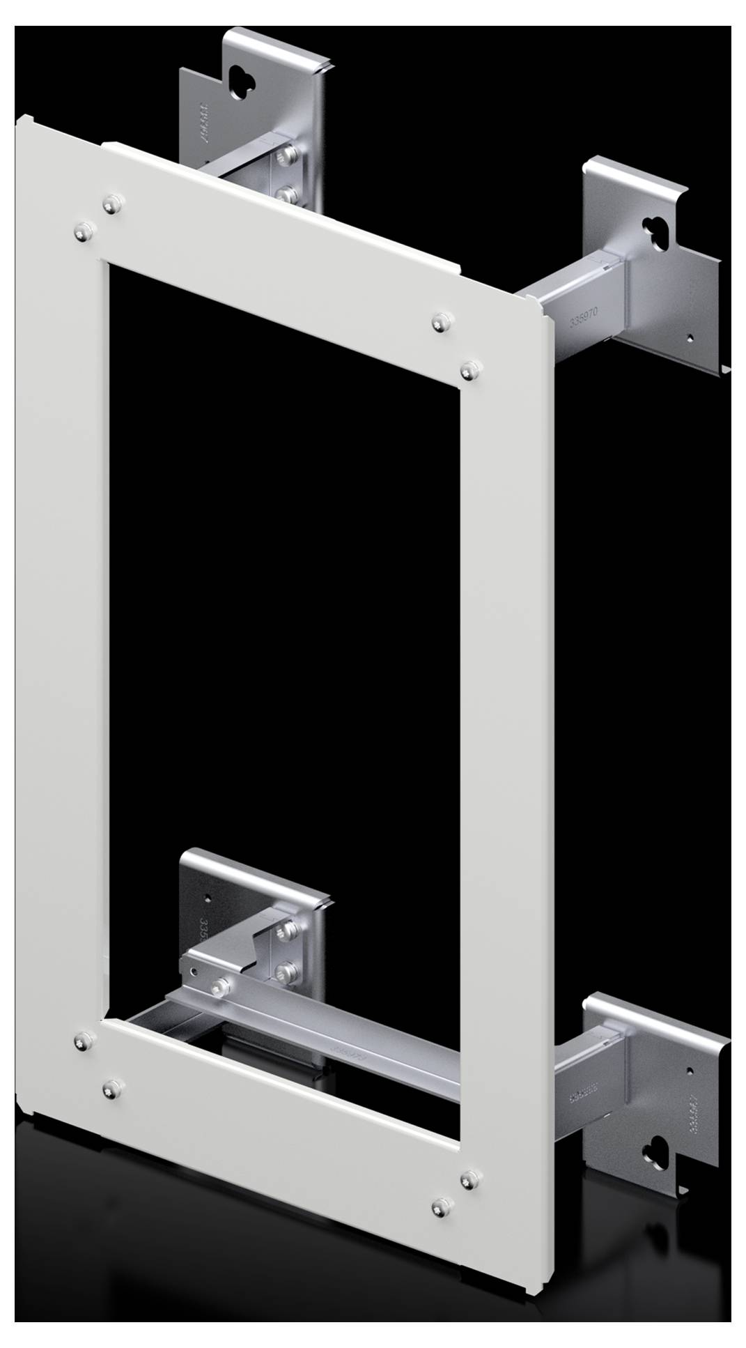 Metallrahmen für Wandinstallation, geeignet zur Befestigung von Geräten oder Abdeckungen, anpassbar für verschiedene Größen.