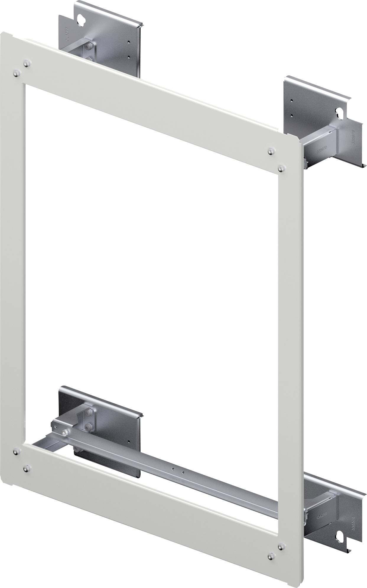 Metallrahmen mit Halterungen, geeignet für die Wandmontage von Paneelen oder Geräten. Ideal für strukturelle Unterstützung.
