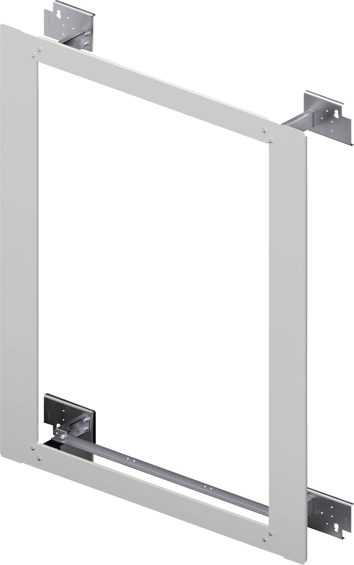 Der Rahmen zeigt eine Halterungskonstruktion aus Metall. Geeignet für die Montage an einer Wand, mit zwei seitlichen Halterungen.