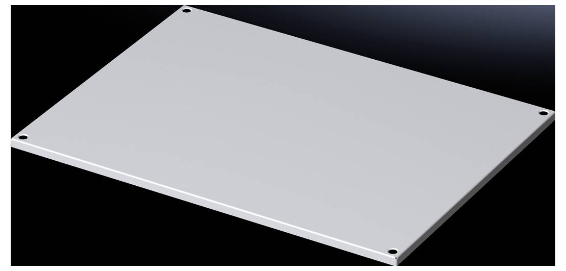 Graues rechteckiges Metallblech mit vier Bohrlöchern an jeder Ecke auf einem dunklen Hintergrund.