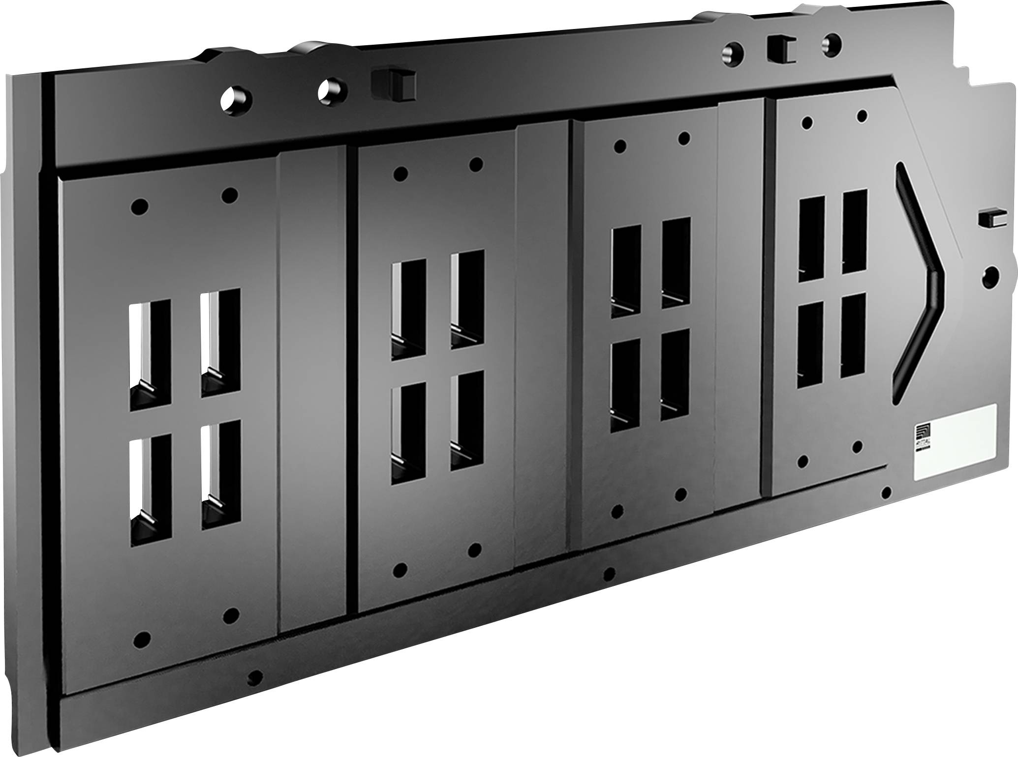 Schwarze Metallplatte mit mehreren vertikalen Schlitzen. Sie könnte Teil eines mechanischen oder elektronischen Geräts sein.