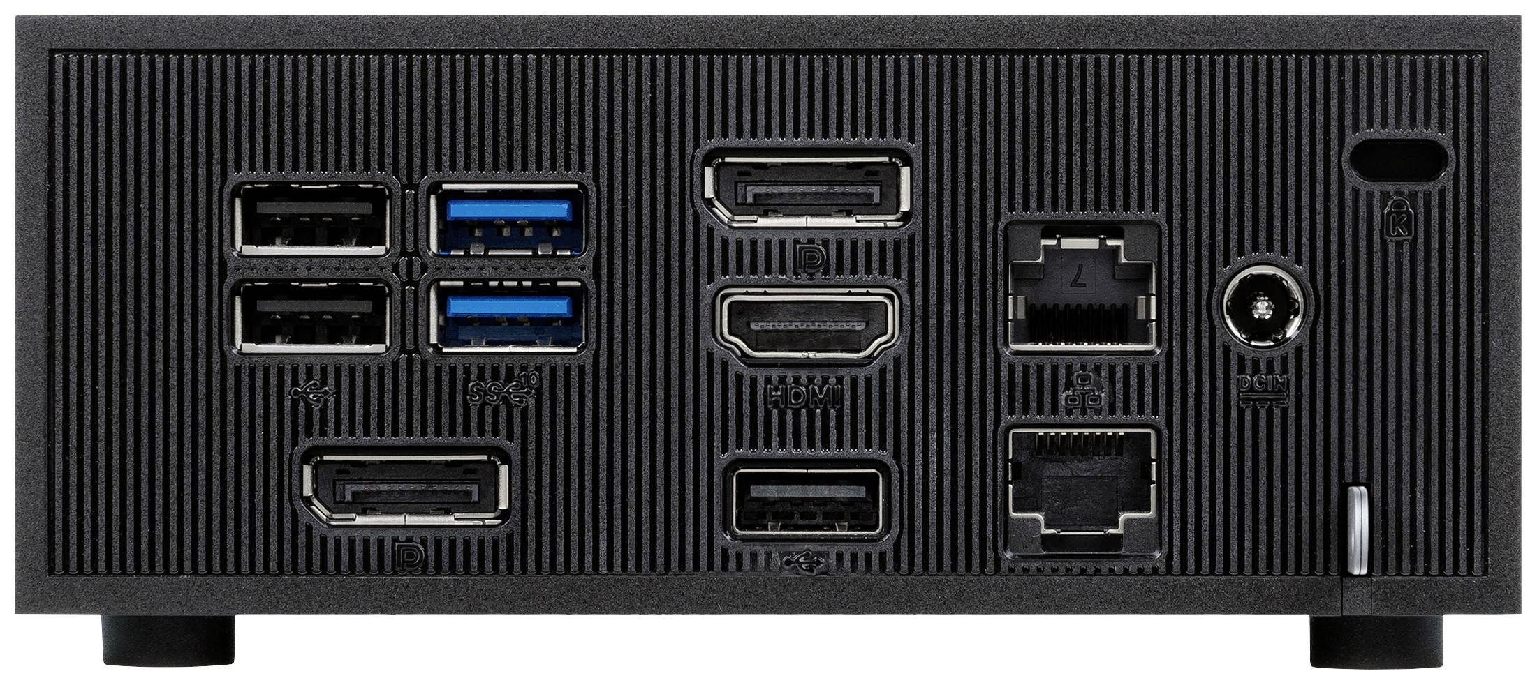 Rückseite eines Industrie-PCs mit mehreren USB-Ports, HDMI-, DisplayPort- und Ethernet-Anschlüssen sowie Stromanschluss.