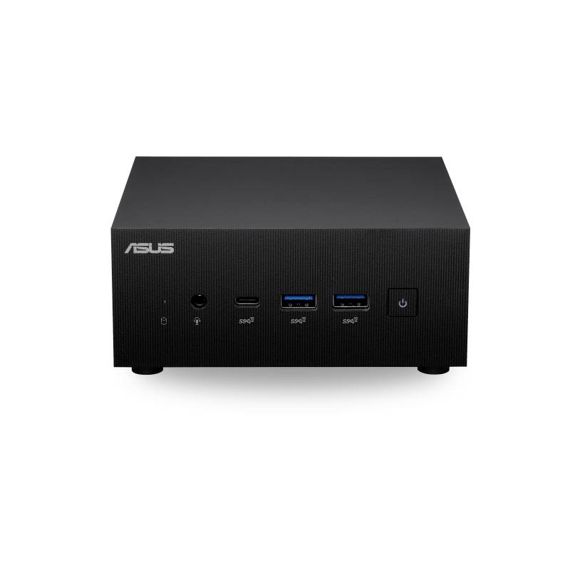 Schwarzer Mini-PC von Asus mit Frontanschlüssen: Kopfhörer, USB-C, zwei USB 3.0 und Power-Taste.