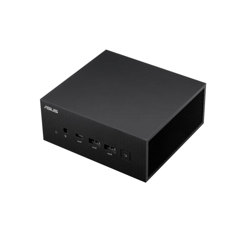 Ein quadratischer, schwarzer Mini-PC von ASUS mit mehreren Anschlüssen an der Vorderseite, inklusive USB und HDMI.