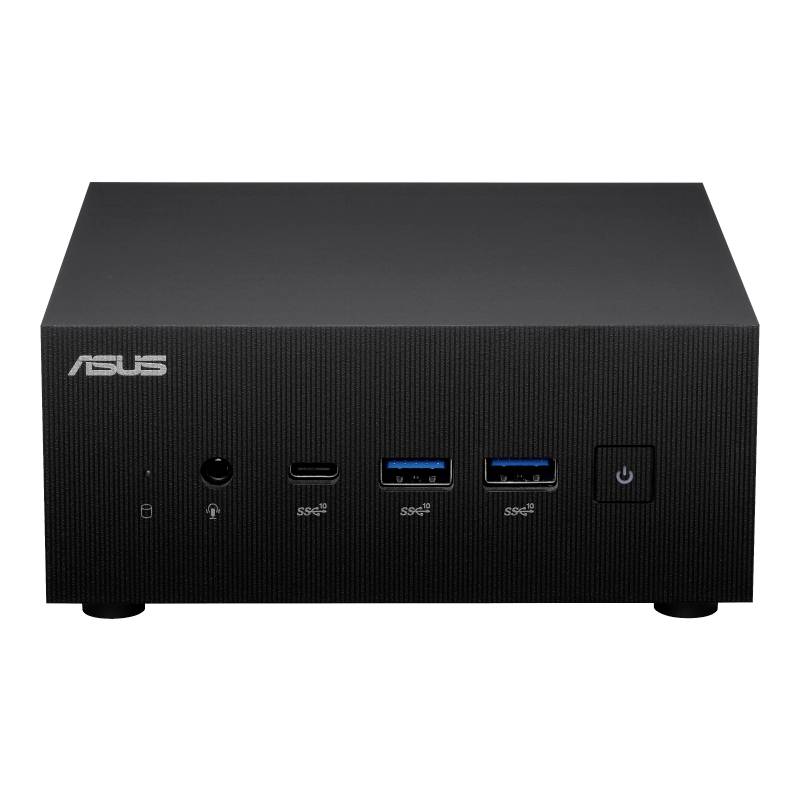 Ein schwarzer Asus-Mini-PC mit mehreren USB-Anschlüssen und einem Netzschalter auf der Vorderseite.