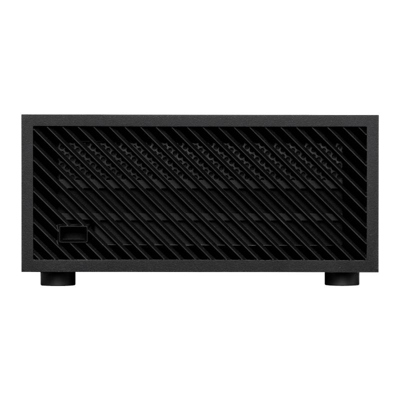 Schwarzer Netzwerk-Switch oder Router mit belüftetem Gitterdesign und zwei Standfüßen vorne. Ideal für Heim- oder Bürovernetzung.