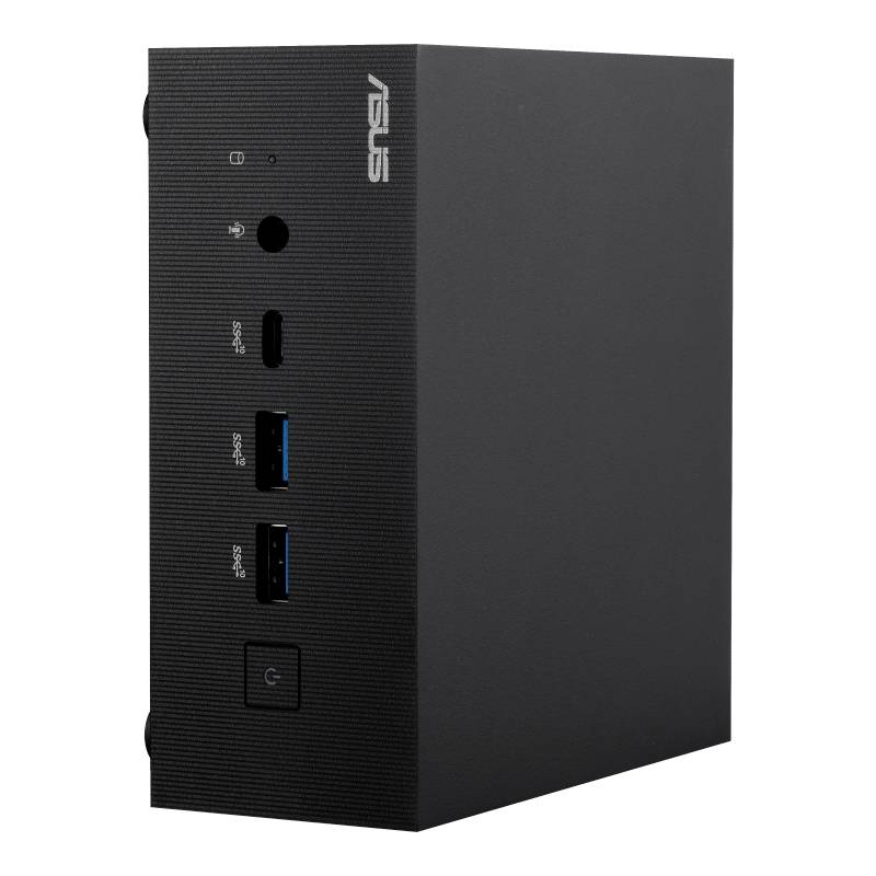 Kompakter schwarzer Computer mit mehreren USB-Anschlüssen und Power-Button, Marke ASUS. Vertikal stehend.
