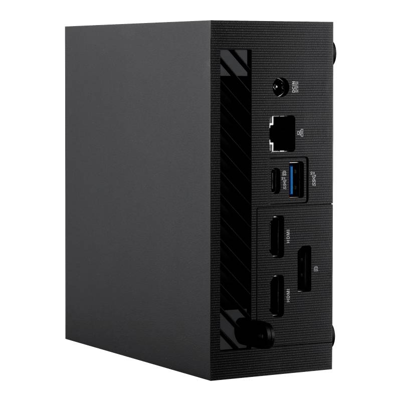 Ein schwarzer Mini-Computer mit verschiedenen Anschlüssen: Ethernet, USB, und HDMI. Geeignet für kompakte Arbeitsplätze.