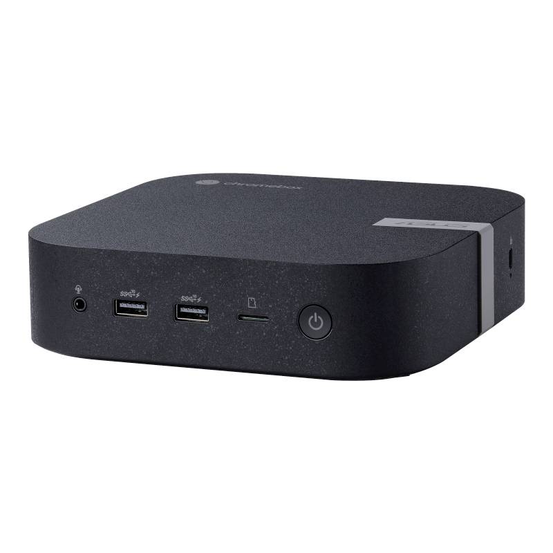 Ein kompakter schwarzer Computer-Hub mit mehreren Anschlüssen an der Vorderseite, inklusive USB-Ports und Ein/Aus-Schalter.