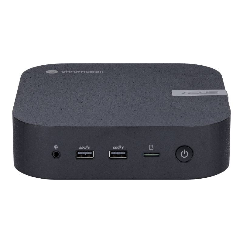 Ein schwarzer Mini-PC mit zwei USB-Anschlüssen, einem SD-Kartensteckplatz und einem Ein-/Ausschalter auf der Vorderseite. Markenlogo sichtbar.