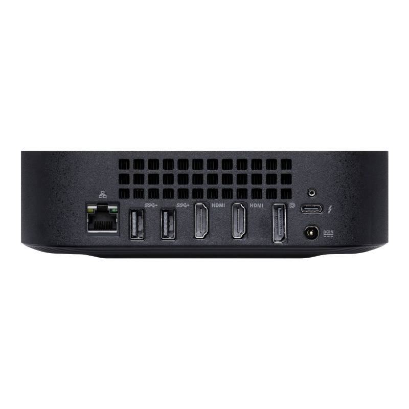 Ein schwarzes Gerät mit mehreren Anschlüssen auf der Rückseite, darunter HDMI, USB und Ethernet.