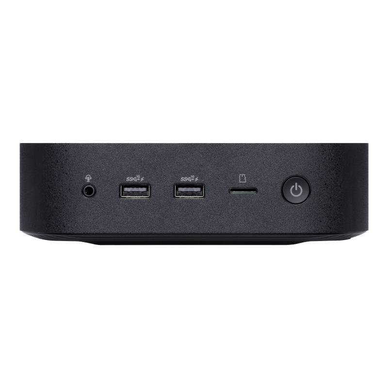 Ein kleines, schwarzes Computergehäuse mit zwei USB-Anschlüssen, Kopfhöreranschluss, Kartenleser und Ein/Aus-Schalter auf der Vorderseite.