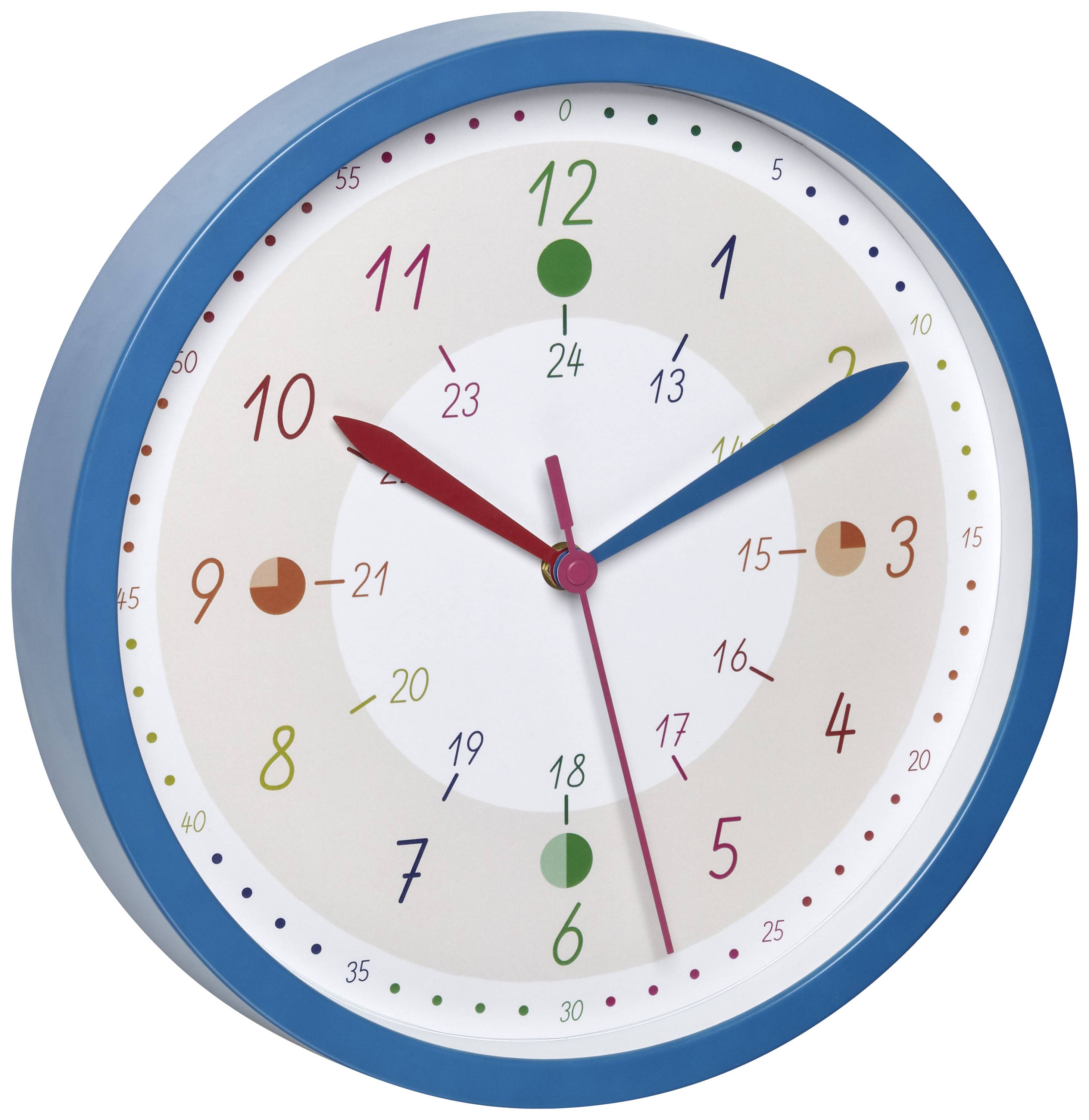 Analoge Wanduhr mit buntem Ziffernblatt. Die Stunden sind in Farben gruppiert und die Minuten in Fünferschritten markiert.