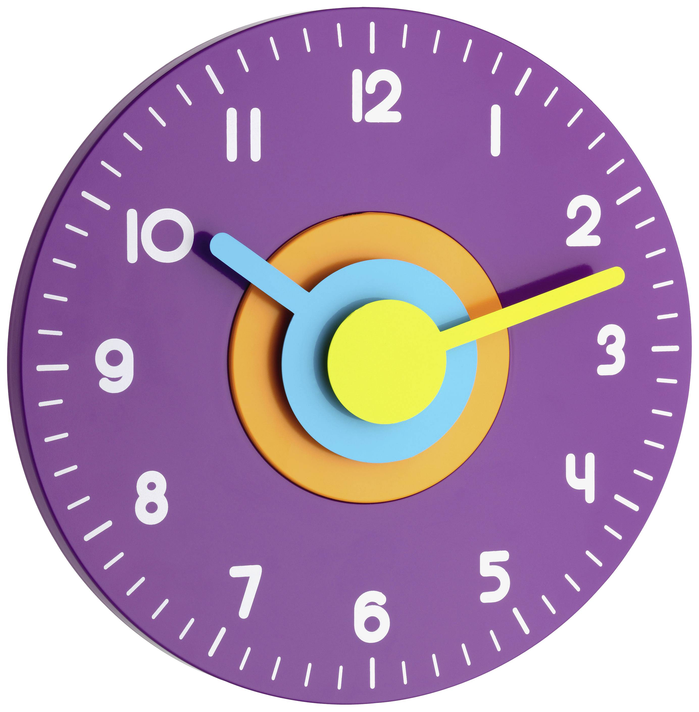 Eine Uhr mit lila Zifferblatt und weißen Zahlen. Die Zeiger sind blau und gelb, zeigen auf 10:10 Uhr. Kinderfreundliches Design.