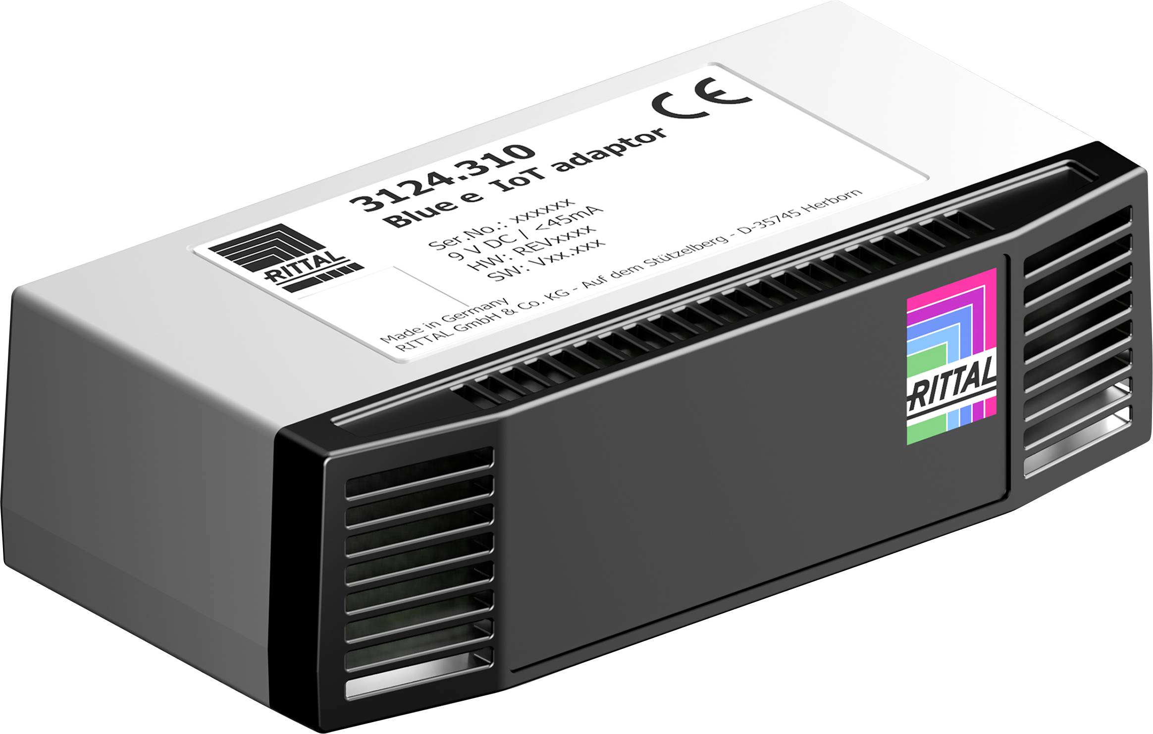 Ein schwarzer Adapter mit Lüftungsschlitzen und Herstelleretikett. Beschriftet als '3124.310 Blue e Tor adaptor' mit technischen Spezifikationen.