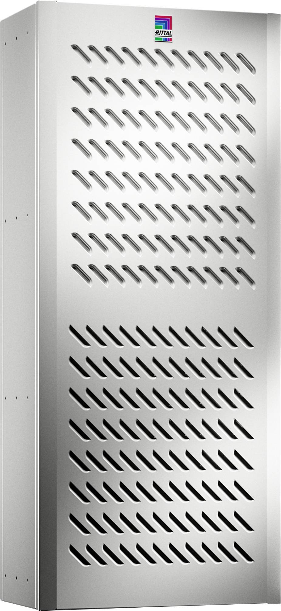 Metallgehäuse mit Lüftungsschlitzen in diagonalen Reihen. Oben befindet sich ein kleines, farbiges Logo.