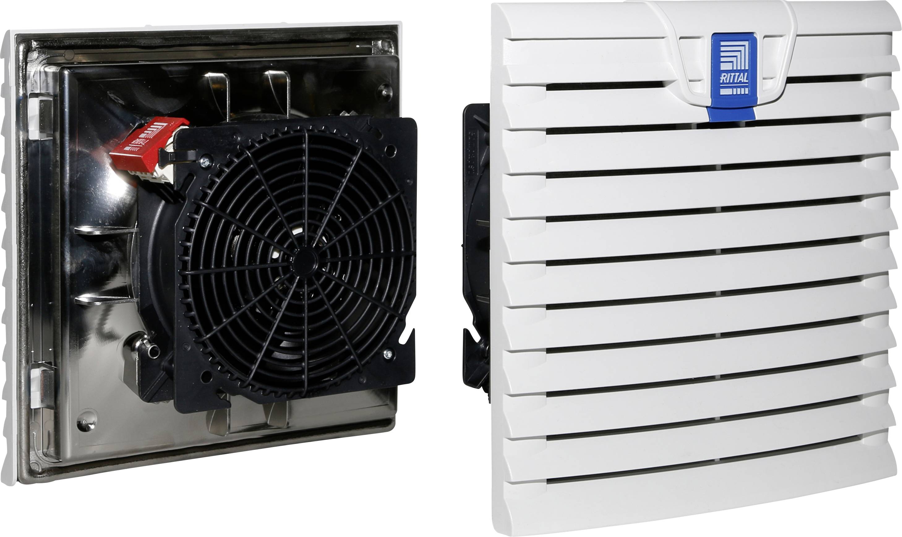 Ein Lüfter mit Kunststoffabdeckung und metallischem Ventilator wird vorne und hinten gezeigt. Er dient zur Kühlung elektronischer Geräte.