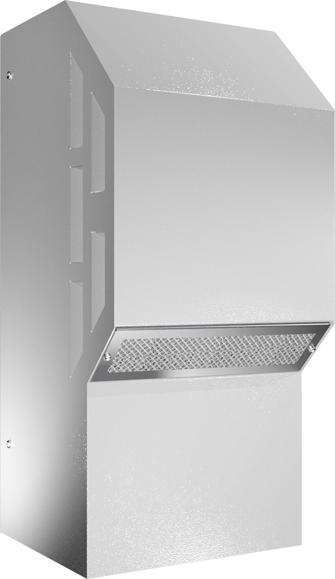 Metallisches Belüftungselement mit abgeschrägter Oberseite und Lüftungsgitter, geeignet für die Wandmontage in industriellen Umgebungen.