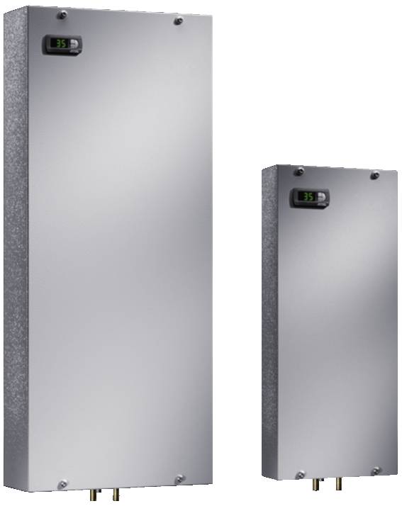 Zwei rechteckige Metallgehäuse mit digitalem Temperaturanzeiger oben links, eines größer als das andere, zeigen '35' an.