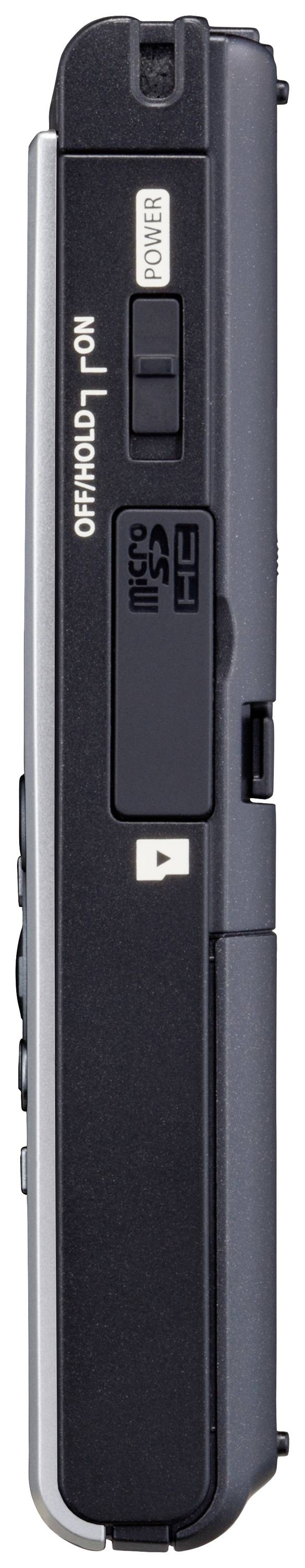 Seitenansicht einer kompakten, schwarzen Digitalkamera mit Tasten und Karteneinschub auf der Seite.