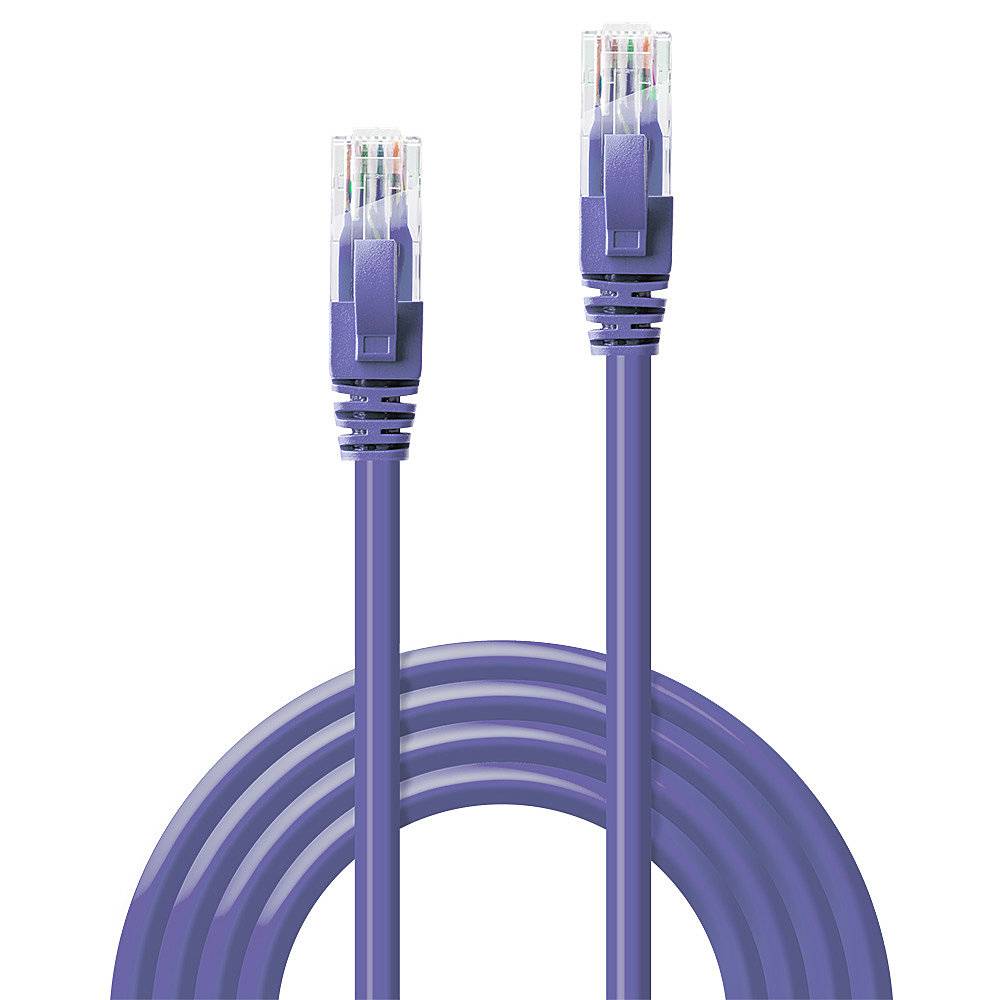 Lila Ethernet-Kabel mit transparenten Steckern an beiden Enden.