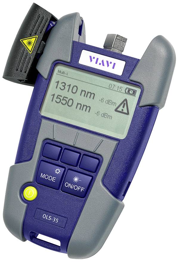 Handheld optisches Messgerät mit Displayanzeige von '1310 nm' und '1550 nm'. Zeigt Leistungsmessung in dBm. Gerät von 'VIAVI'.