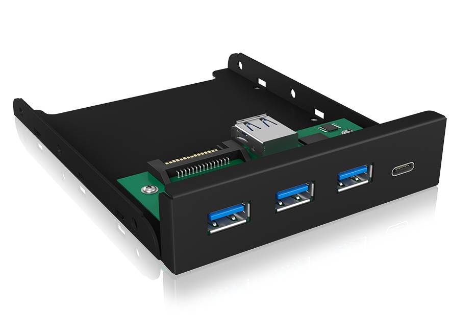 Ein internes PC-Panel mit drei USB 3.0-Ports und einem USB-C-Port zur Erweiterung von Anschlussmöglichkeiten in einem Computergehäuse.